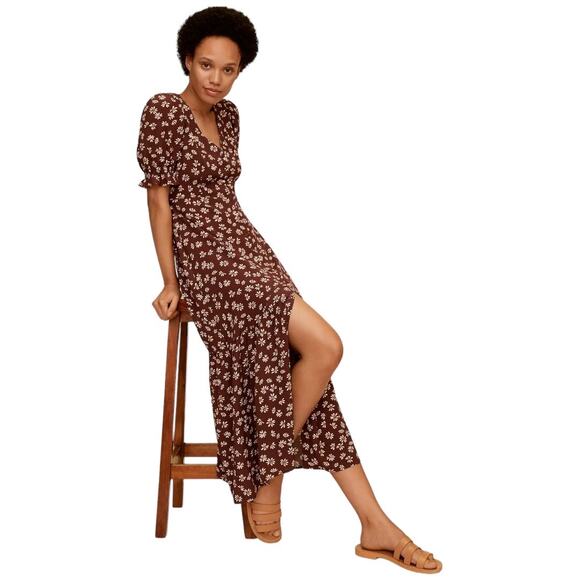 Mango MNG Brown Floral Print Midi Dress 2 Button Front Cottage Dainty Retro - Picture 1 of 9